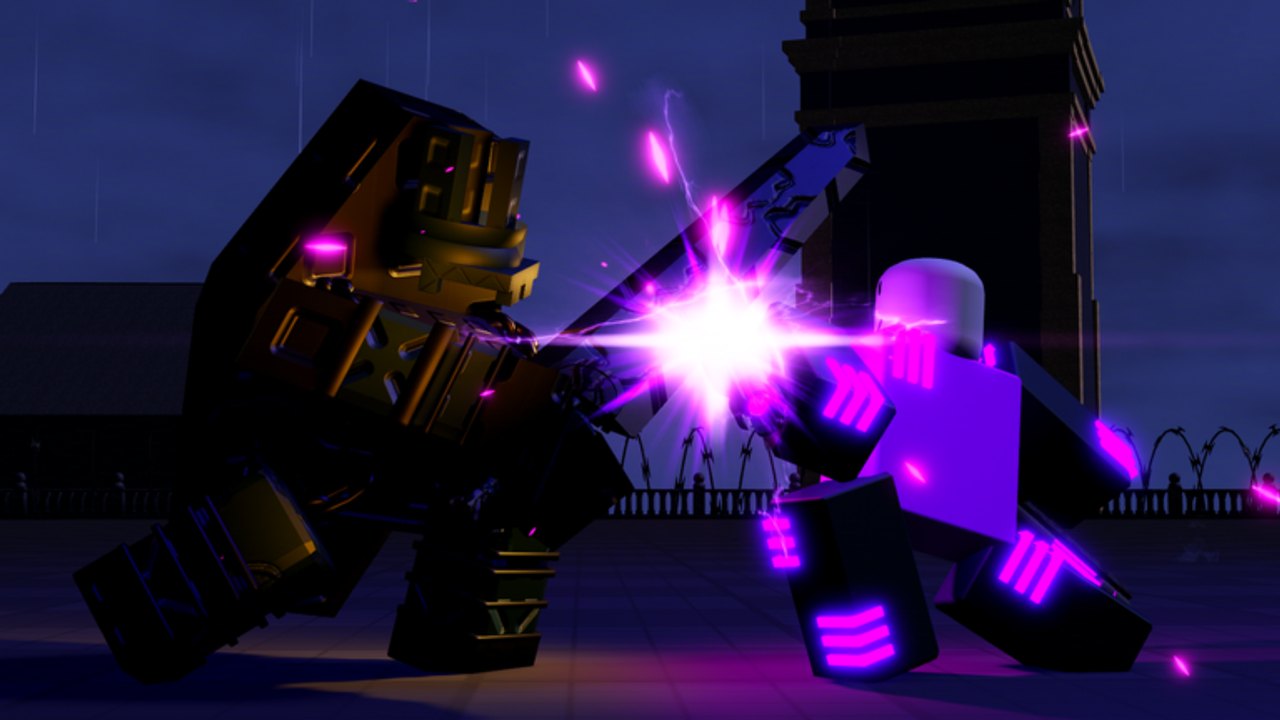 Action screenshot of two Overture fighters clashing with purple energy at night